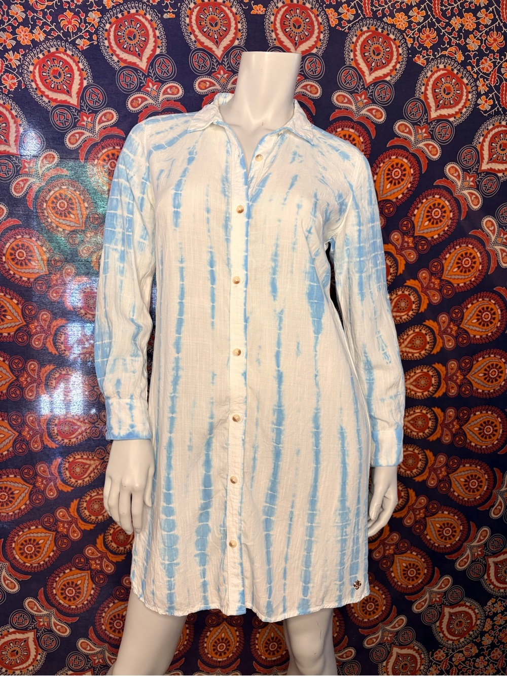 Hatley ‘Cara’ White and Light Blue Tie-Dye Long Sleeve Shirt Dress